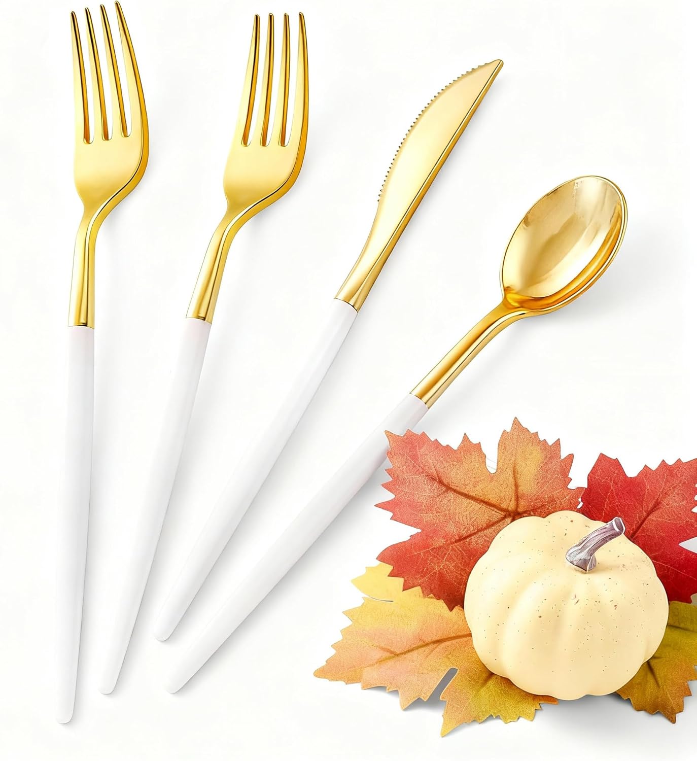 SUT Gold Plastic Silverware, 160Pcs Gold Utensils Set Disposable, 80 Gold Plastic Forks, 40 Gold Knives, 40 Gold Spoons, Gold Plastic Cutlery for Parties, Dinners, Weddings(White Gold)