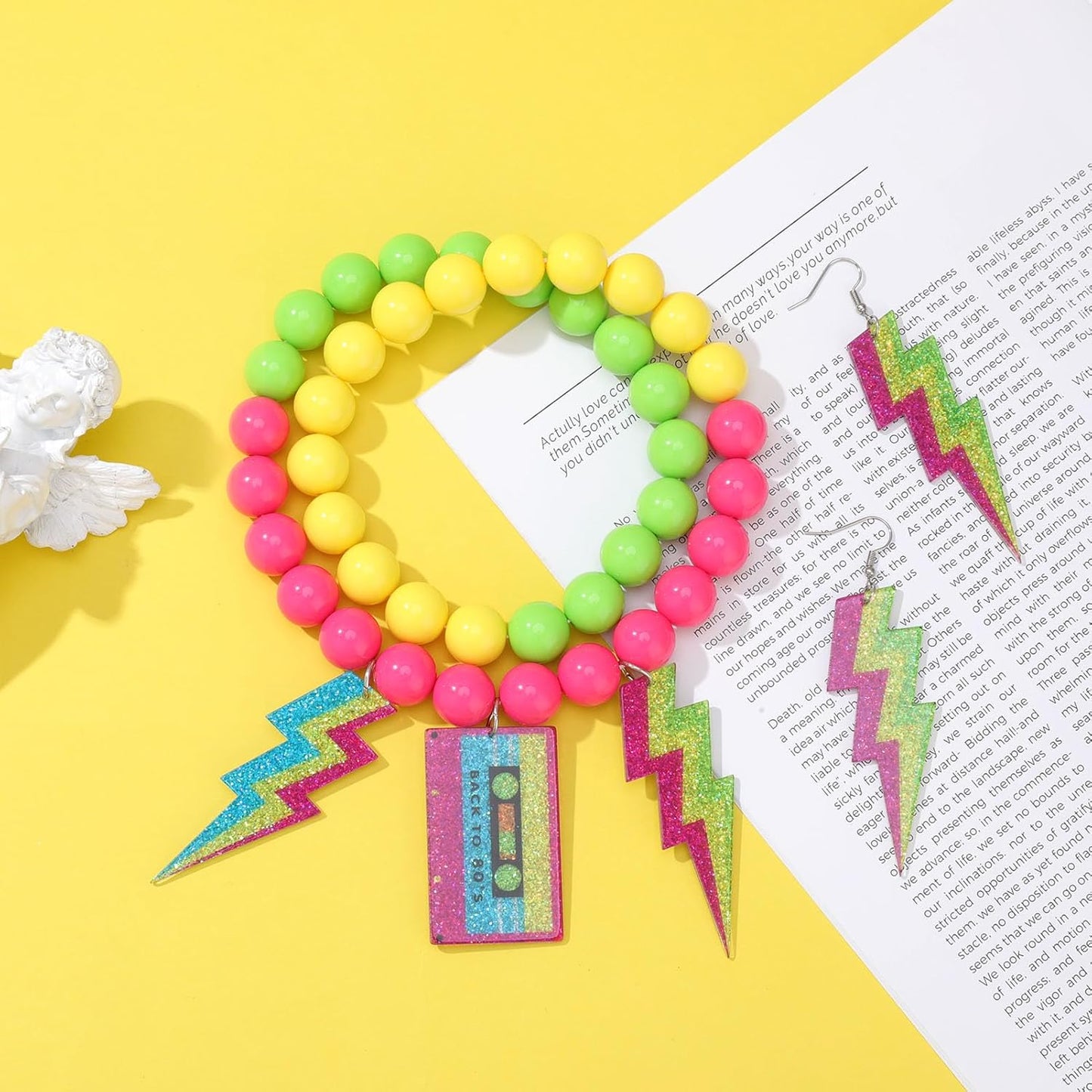 80s Outfits Costume Accessories for Women 80s Necklace Neon Beaded Necklaces for Glow Party Beads Necklaces with Lightning Earrings Tape Neon Jewelry Set for Women 80's Party Favors Decorations