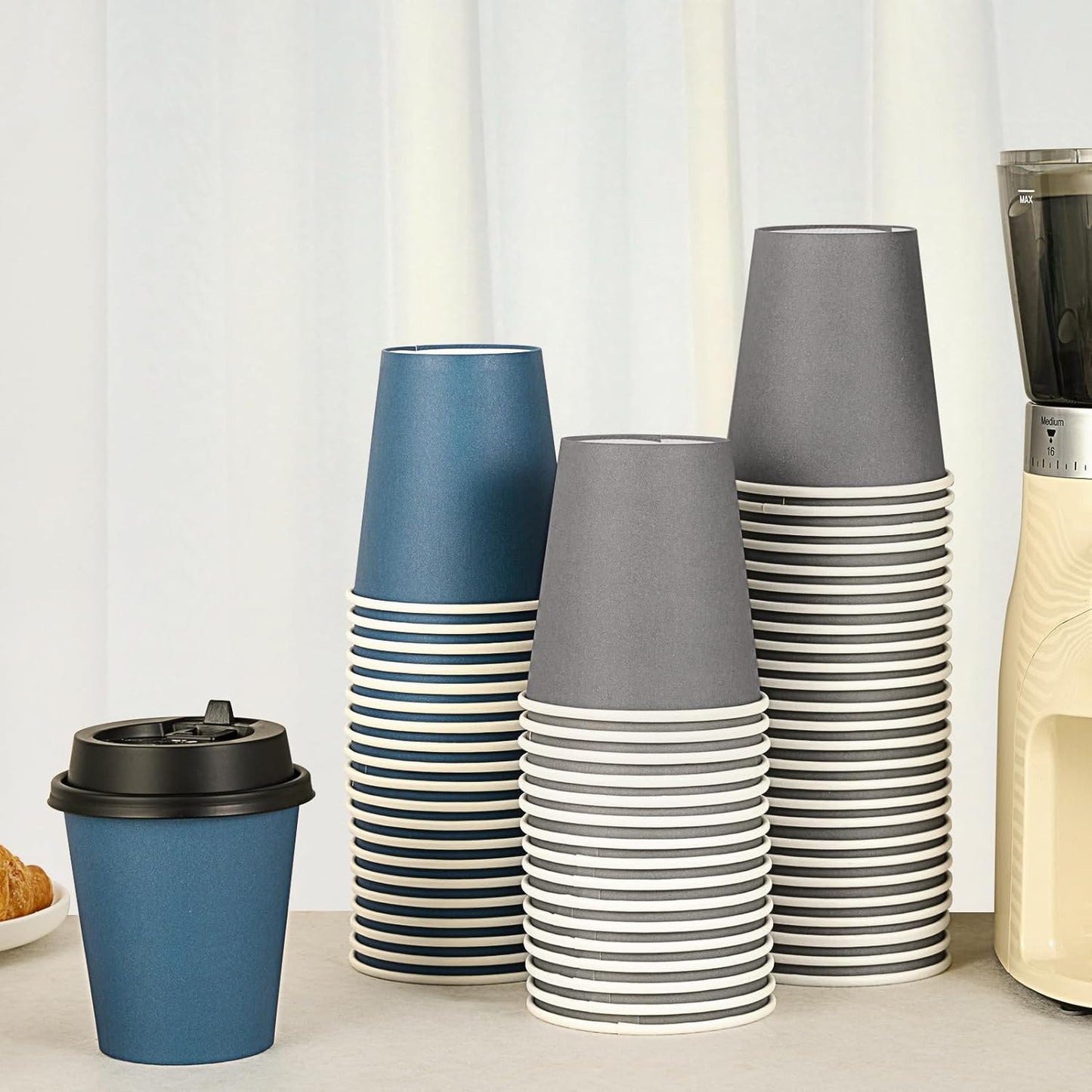 LITOPAK 100 Pack 10 oz Disposable Paper Coffee Cups with Lids for Coffee, Water, Juice, or Tea, Blue and Gray Hot Paper Cups for Home, Restaurant, Store, and Cafe