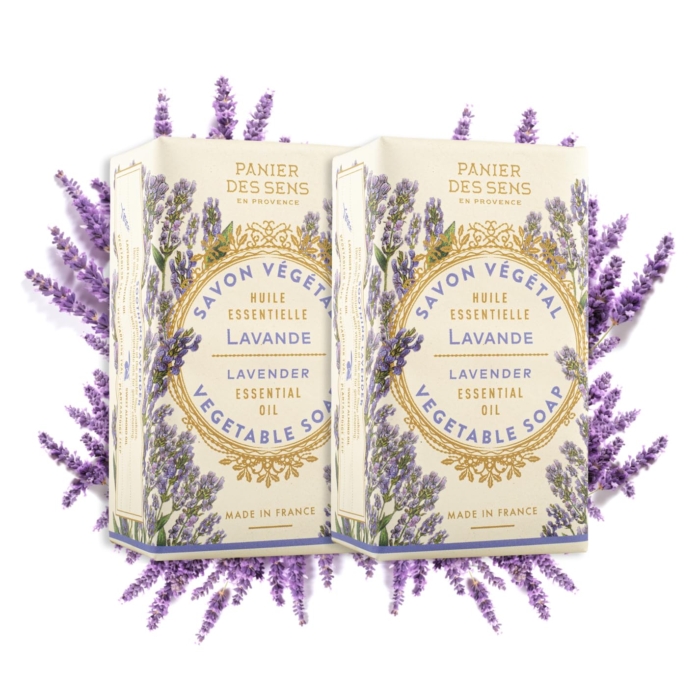 Panier des Sens - Lavender Bar Soap - Moisturizing Gentle Scented Soap Bar - Natural Soap with Sweet Almond - 97% Natural Ingredients Made in France - Vegan Friendly - Body & Hand Soap Bars 2x5.3 oz