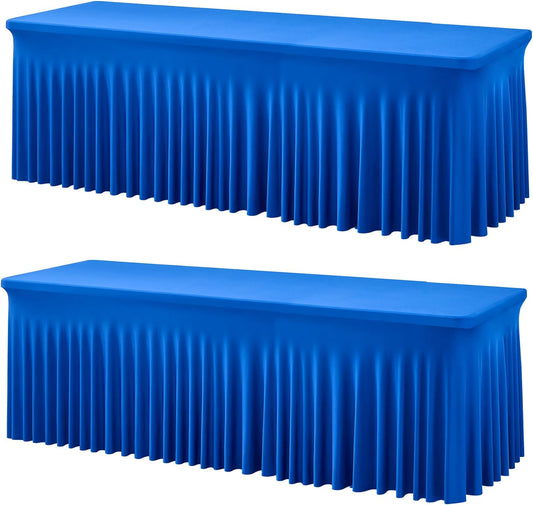 2 Pack Royal Blue Spandex Table Clothes for 8 Foot Rectangle Tables, Wrinkle Free Fitted Table Cover 8ft Stretch Tablecloths with Skirt for Parties Weddings Birthday Banquet Baby Shower