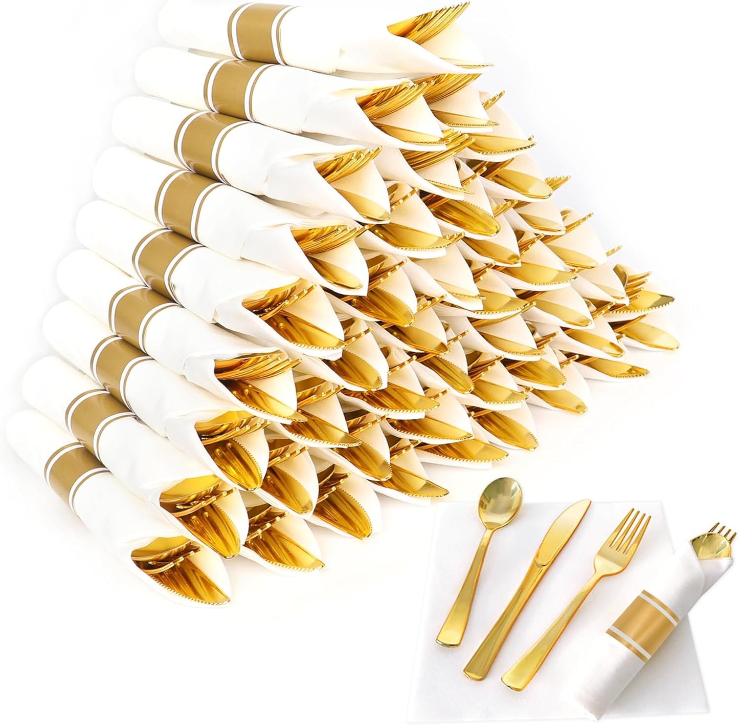 50 Pack Pre Rolled Gold Plastic Silverware Set,Wrapped Plastic Cutlery Set with Napkin Include 50 Forks,50 Spoons,50 Knives and 50 White Napkins for Party,Wedding