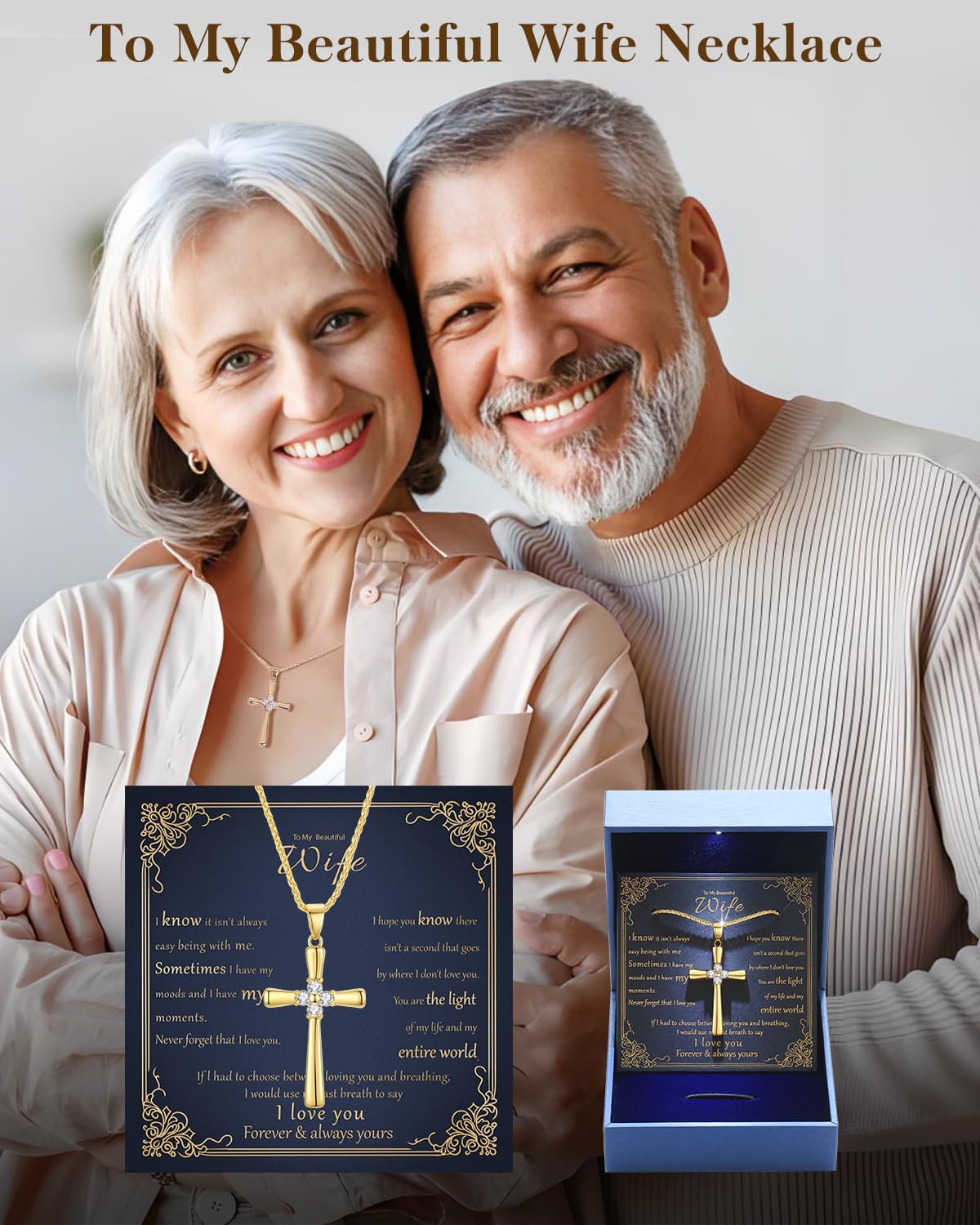 Gold Moissanite Cross Necklace for Women Wife in Light-Up Gift Box,Love Card - Women Anniversary Birthday Gifts Ideas for Wife Her Girlfriend, Christian Cross Chain Jewelry 1CT (18K Real Gold Filled)
