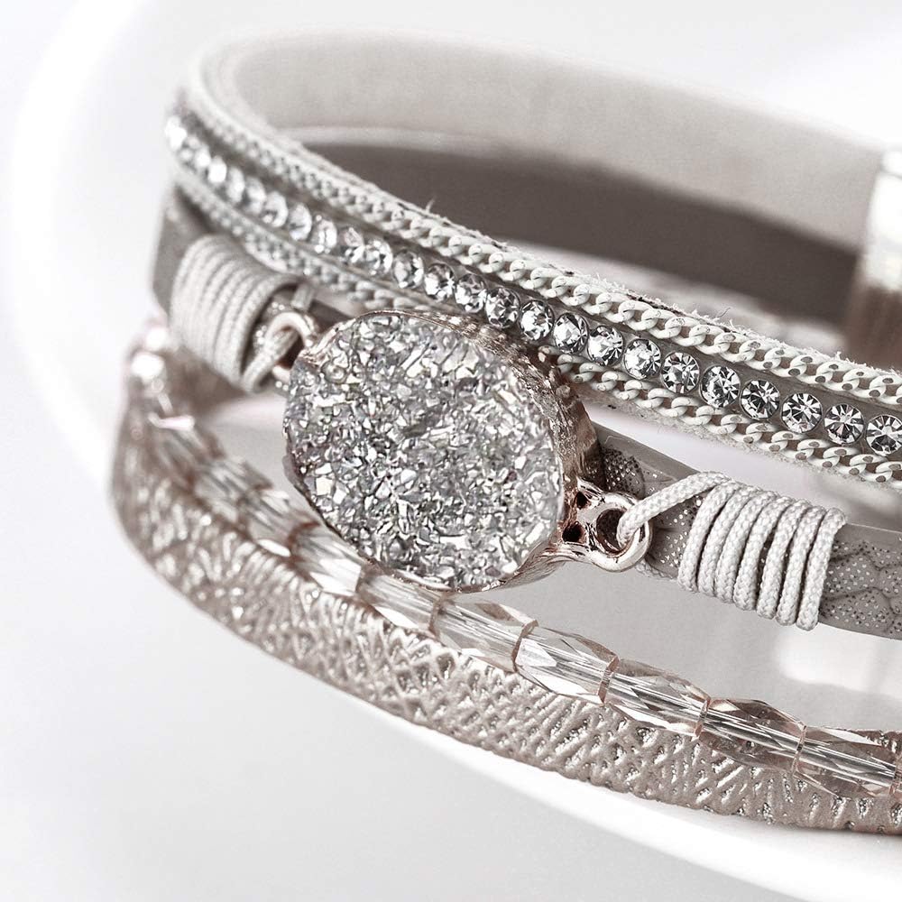 Fesciory Leopard Bracelet for Women, Boho Leather Wrap Multi-Layer Pearl Crystal Bracelet Bangle Jewelry