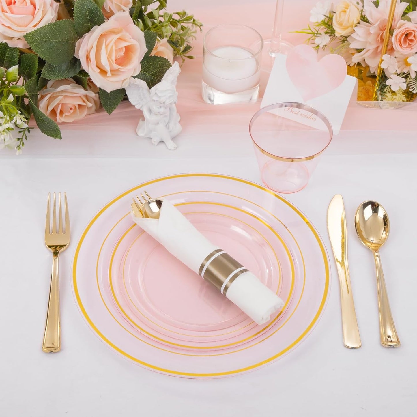 WELLIFE 350Pcs Clear-Pink Plastic Dinnerware- Pink and Gold Plastic Dinnerware include 50 Dinner Plates, 50 Dessert Plates, 150 Gold Silverware, 50 Cups and 50 Napkins Perfect for Parties
