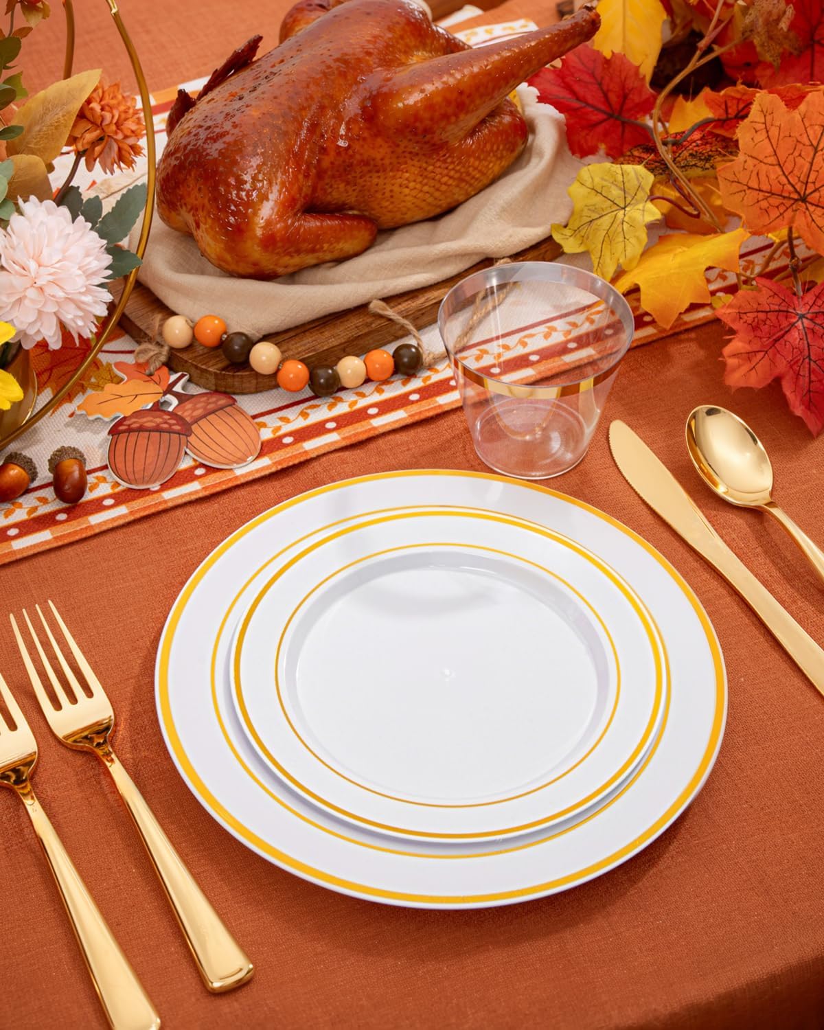 bUCLA 300PCS Gold Disposable Dinnerware Set - White and Gold Plastic Plates - Include 50 Each (Dinner&Dessert) Plates,50 Knives,50 Forks,50 Spoons,50 Cups for Party & Thanksgiving Table Decor
