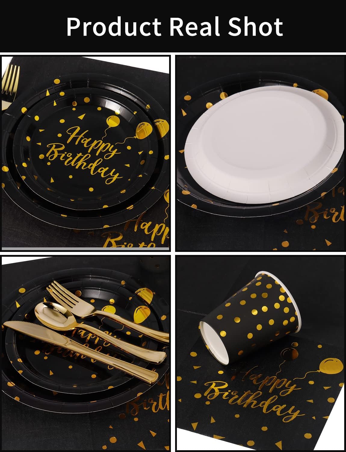 Birthday Party Tableware, 161 Pieces Black Gold Party Supplies, Party Dinnerware Sets Include Paper Plates Napkins Cups Silverware, for Shower Engagement Parties Decoration -20 Serves