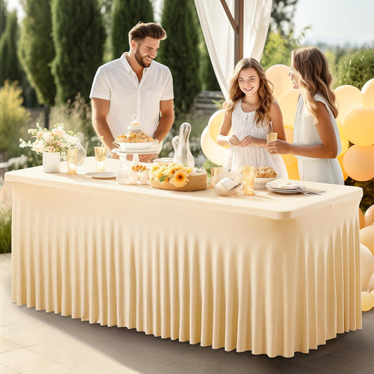 PARTISKY Champagne Spandex Tablecloth for 6ft Rectangle Tables, Stretchable Table Cover Skirt for Folding Tables Weddings Parties Banquets Events Trade Shows and Dessert Table