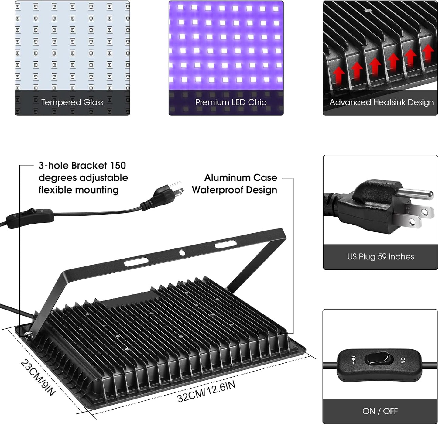 4 Pack 240W LED Black Light,Black Flood Light Outdoor with Plug and Switch, IP66 Waterproof Blacklight Flood Light Neon Glow for Glow Party, Halloween, Fluorescent Poster, Body Paint, Aquarium