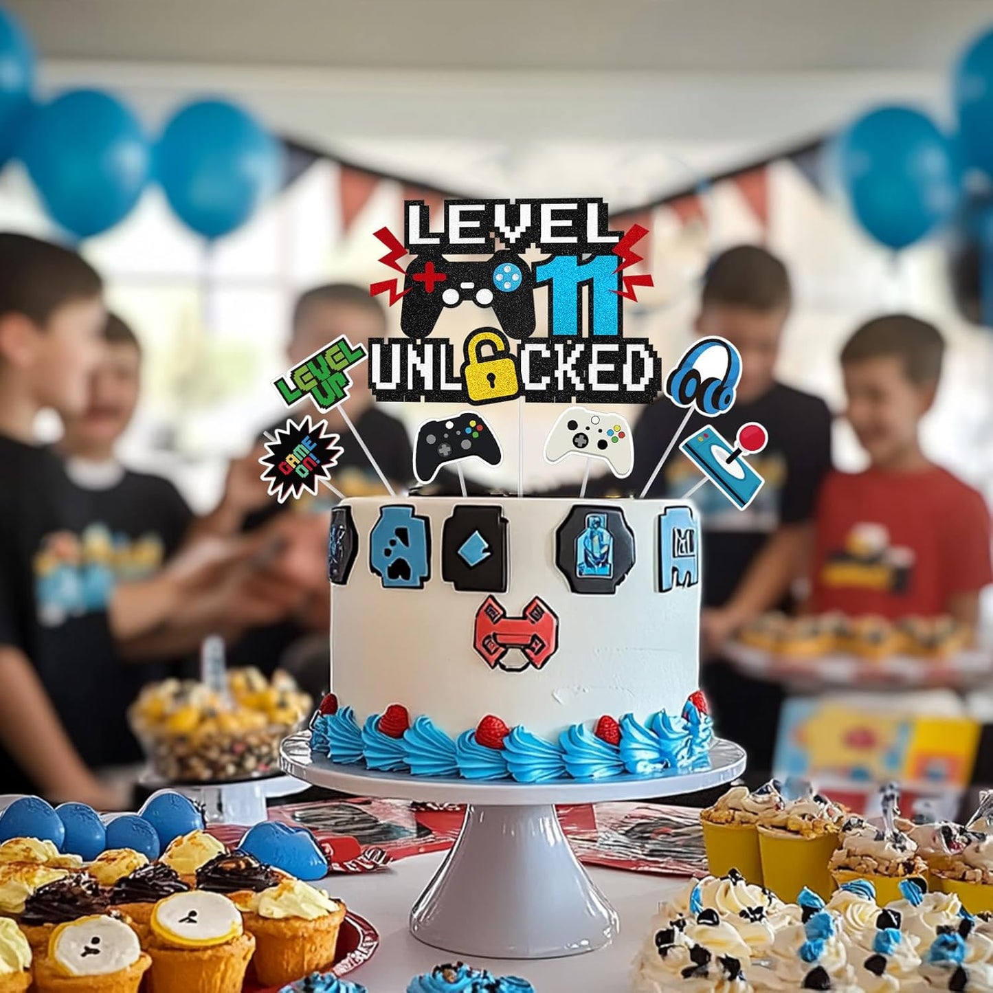 Video Game Cake Topper, Level 11 Unlocked Cake Topper, Happy 11th Birthday Game Party Decorations for Boys Girls, Video Game Controller Themed Birthday Party Supplies for Game Fans, Kids and Men