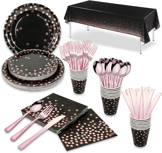 176 Pieces Gold Disposable Party Dinnerware Set &Golden Dot Disposable Party Dinnerware - Black Paper Plates Napkins Cups, Gold Plastic Forks Knives Spoons (25 Guests,176 Pieces)
