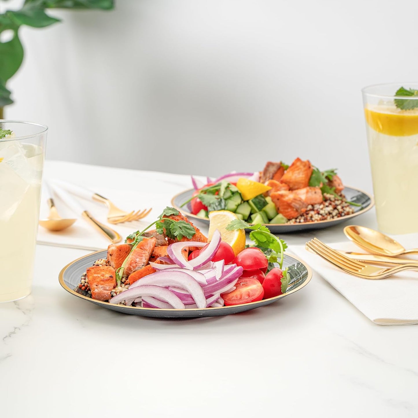 Restaurantware Plastic Plates 100 Pcs 7.25" Gold Rimmed Disposable Plates Heavy-Duty Black Translucent Rippled Plastic Dinner Servers for Party, Weddings, Salads, Desserts, and Appetizers