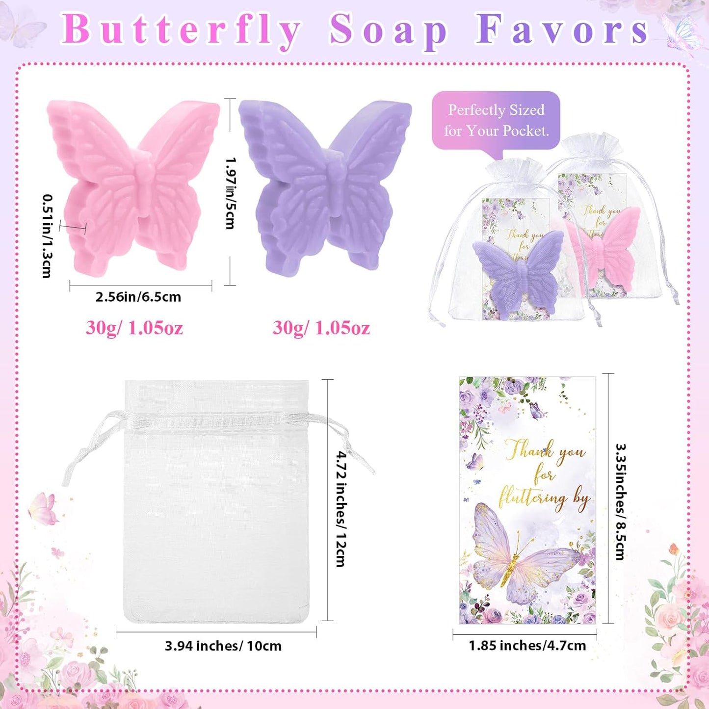 Dunzy 30 Sets Butterfly Theme Baby Shower Favors for Guests Christmas Butterfly Soap Favors with Thanks You Cards Gender Reveal Baptism Party Decorations Wedding Bridal Souvenirs (Purple,Pink)