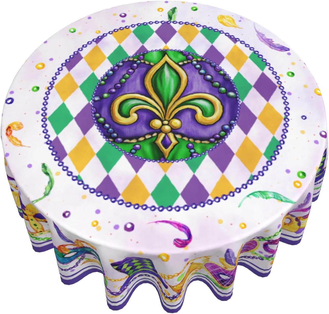 Giwawa Mardi Gras Round Tablecloth 60Inch, Carnival Festival Masquerade Party Celebration Table Cover, Mask Beaded Feather Checkered Table Cloth Washable for Kitchen Dining Holiday Picnic Decor