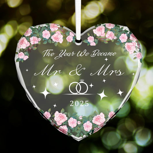 2025 Mr and Mrs Glass Ornament - Wedding Gifts for Couples, Bridal Shower Gifts, Keepsake for Newlyweds with Gift Box, Heart Shaped Just Married Decorations (Pink)