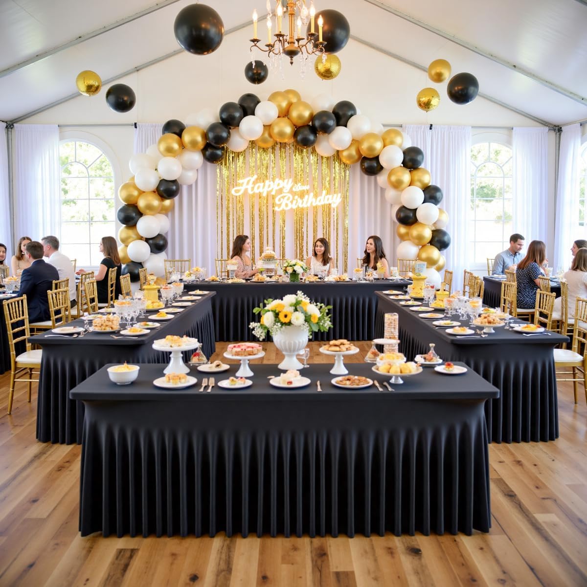 Outpain Black Spandex Table Clothes for 5 Foot Rectangle Tables-2Pack 5FT Spandex Fitted Table Cover, Wrinkle Free Tablecloths with Skirt for Parties, Wedding, Birthday, Banquet, Festival