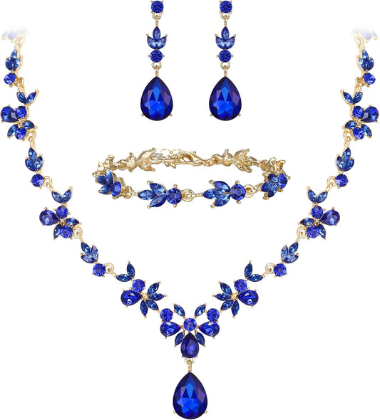 BriLove Wedding Jewelry Set for Women Bride, Y-Necklace Tennis Bracelet Dangle Earrings Crystal Teardrop Marquise Cluster for Bridal Bridesmaid