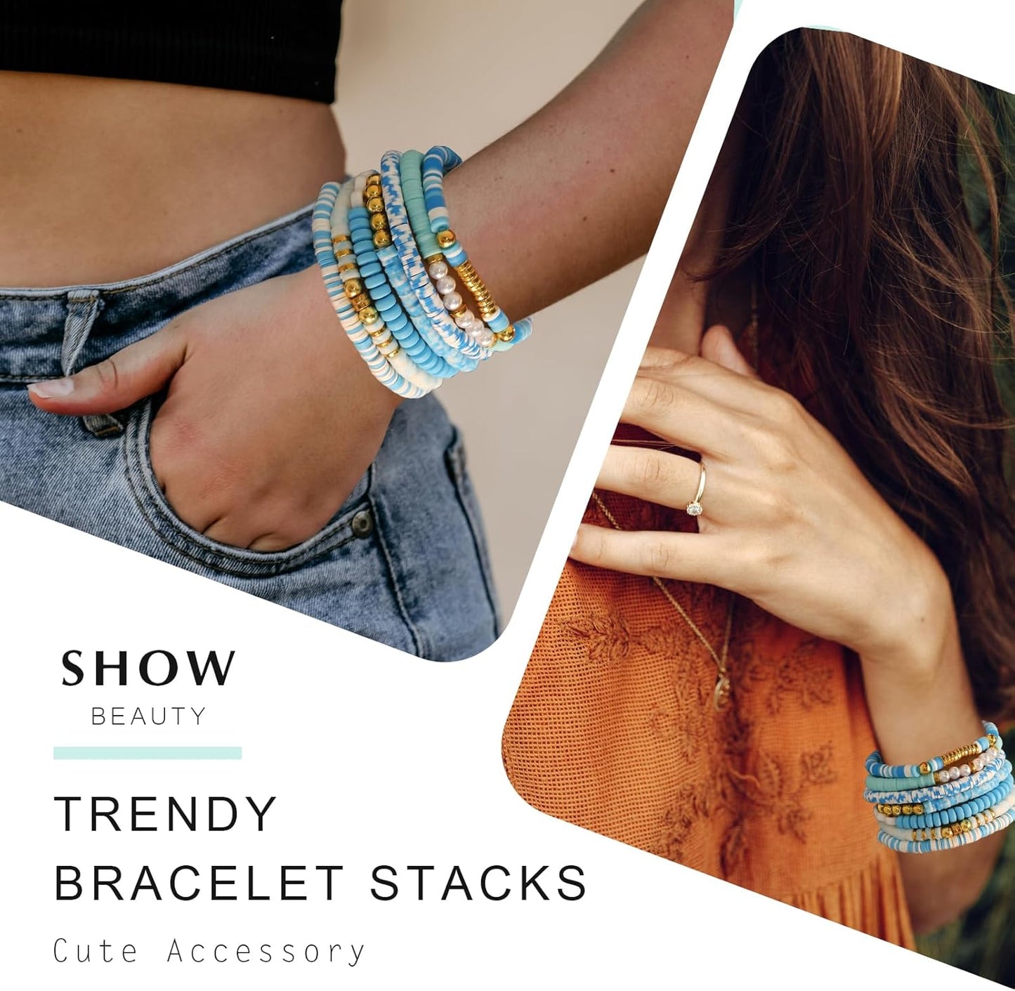 Friendship Bracelets Trendy Heishi Clay Bead Bracelets Stack Gold Beaded Stretch Bracelets for Women Boho Stackable Bracelets Bulk Cute Preppy Jewelry