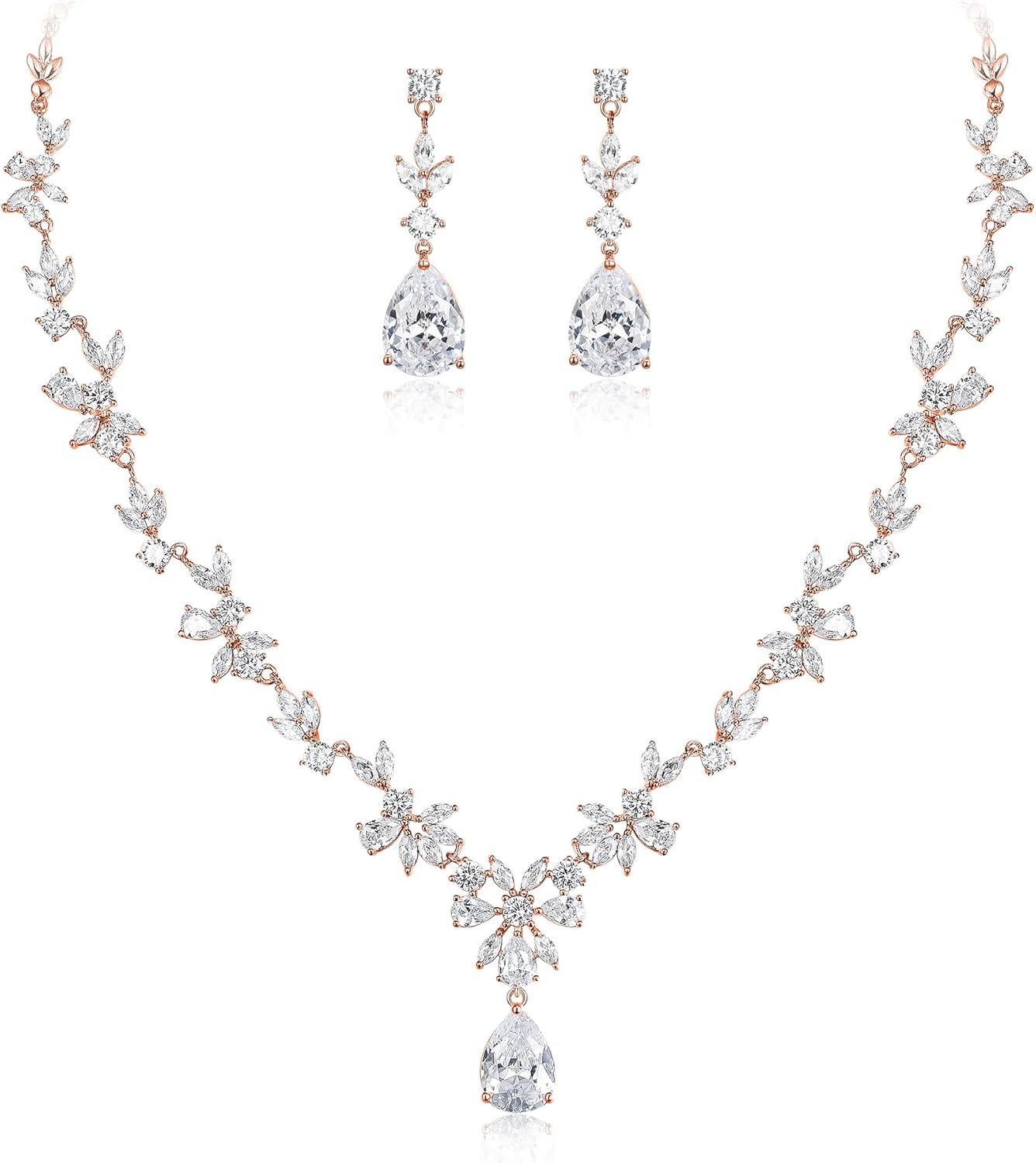 BriLove Gorgeous Wedding Jewelry Set for Women Bridal Cubic Zirconia Marquise Teardrop Leaf Cluster Y-Necklace Dangle Earrings Link Bracelet
