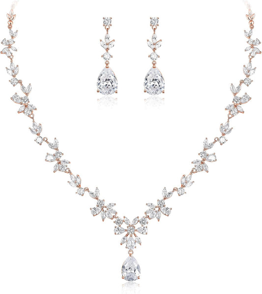 BriLove Gorgeous Wedding Jewelry Set for Women Bridal Cubic Zirconia Marquise Teardrop Leaf Cluster Y-Necklace Dangle Earrings Link Bracelet