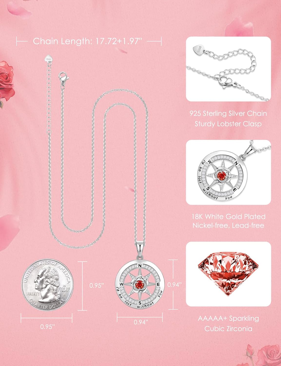 Silver Compass Necklace for Women Birthday Gifts for Wife Anniversary Necklace for Women Rose Flower Birthstone Necklaces for Wife Jewelry for Womens Girlfriend Mom Daughter