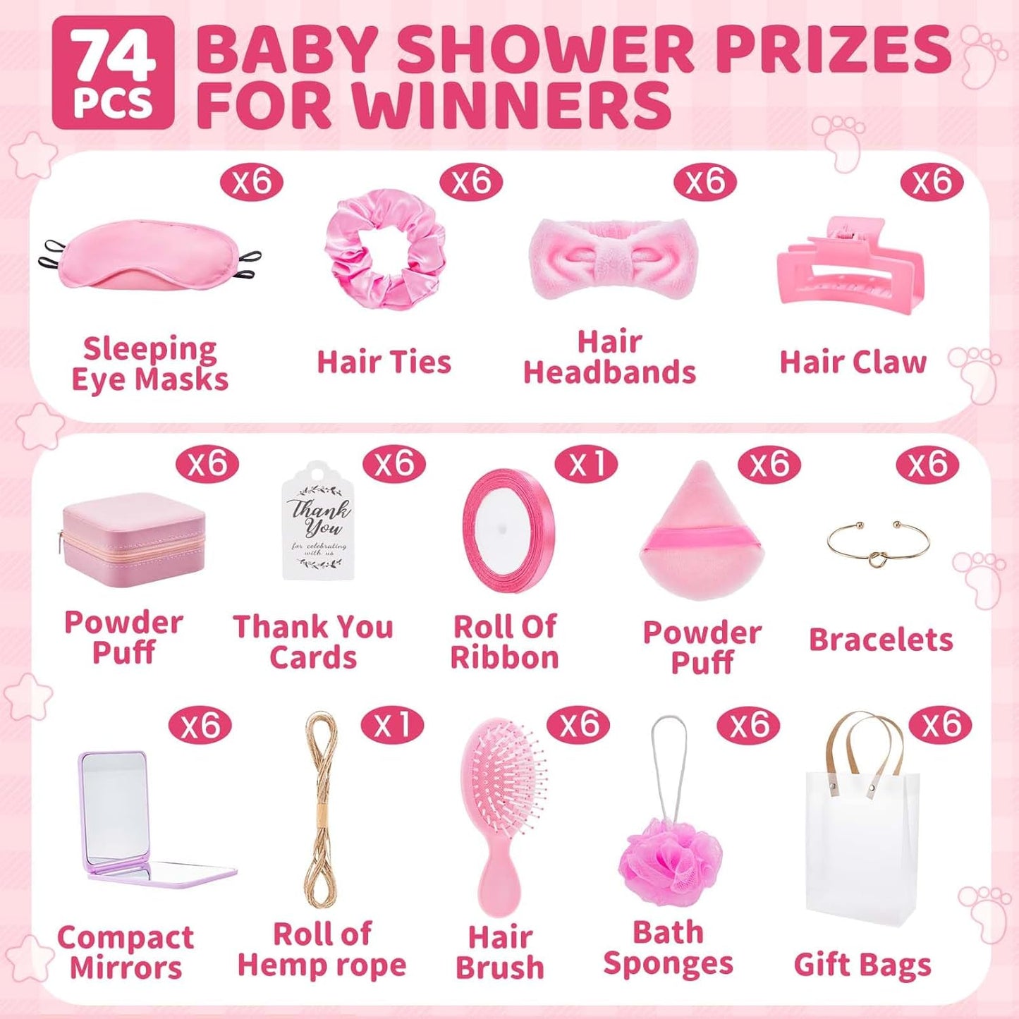 74Pcs Baby Shower Prizes for Game Winners Baby Shower Favors Gifts including Headband Hair Brush Jewelry Box with Gift Bag for Baby Shower Game Prizes Wedding Bridal Shower Favors (Pink)