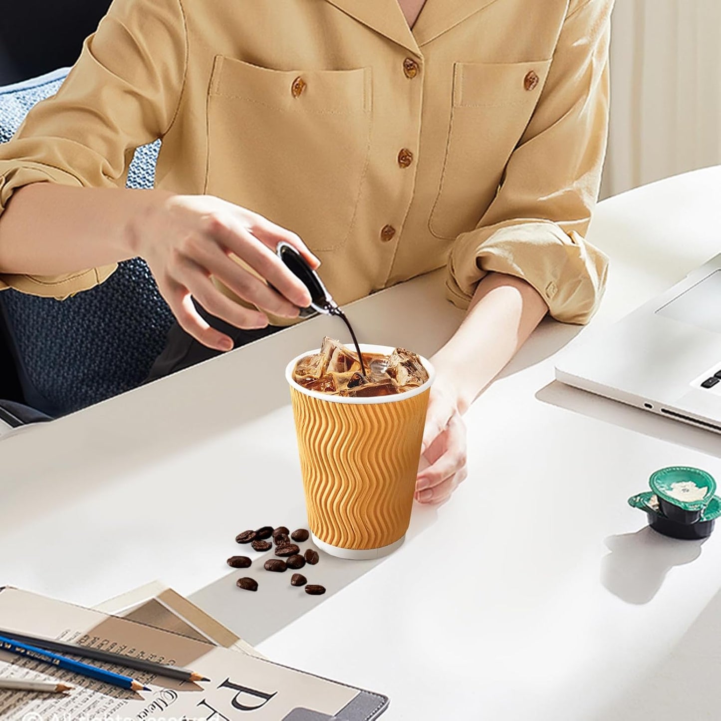 100 Pack 12 oz Disposable Paper Coffee Cups, Leak Proof Insulated Ripple Wall Hot Cups for Espresso, Coffee, Tea, Hot Chocolate, To Go Drinks (Home, Office, Cafe Bar)