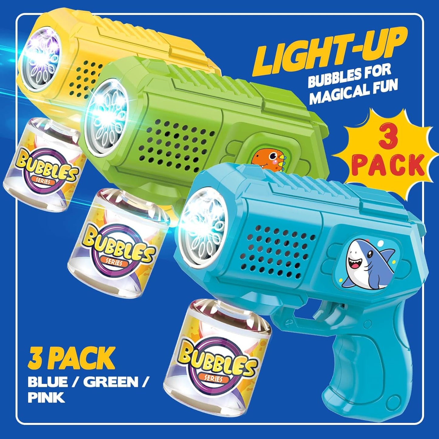 Bubble Guns with Bubble Solution- 3 Pack, Bubbles Gun, Blaster, Blower, Maker, Machine for Boys Girls, Birthday Gifts for Ages 3 4 5 6 7 8 Year Old Kid, Outdoor Toys for Toddlers, Party, Wedding