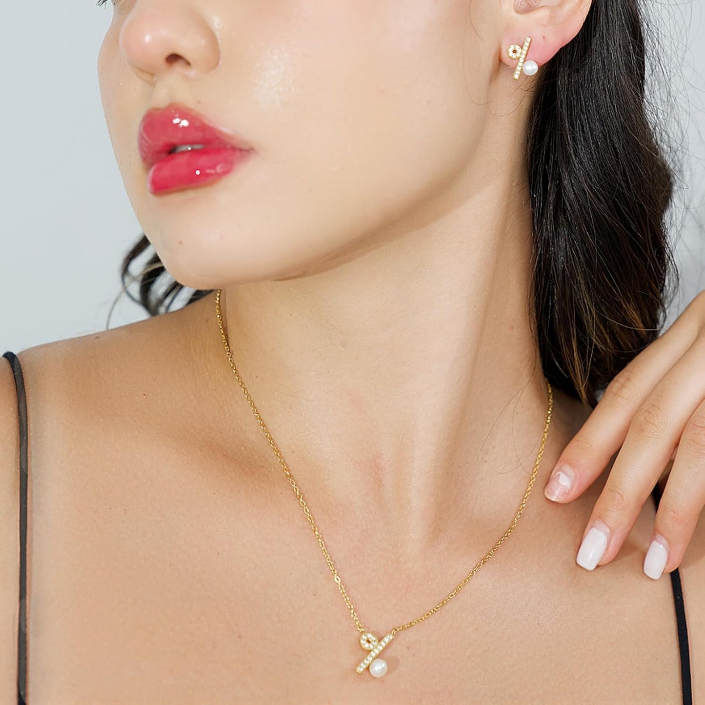 Pearl Necklace and Earring Set, 18K Gold Plated Earrings and Necklace Set for Women, Dainty Freshwater Pearl Jewelry Set for Women Gift