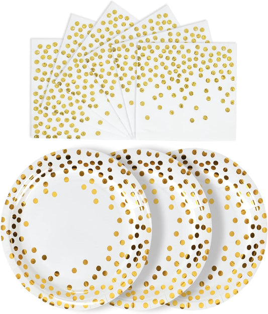 White and Gold Paper Plates and Napkins-50 Pack- 25 * 7inch Paper Plates & 25 * 6.5inch Napkins,Disposable Party Supplies for Birthdays Weddings Receptions and All Occasions
