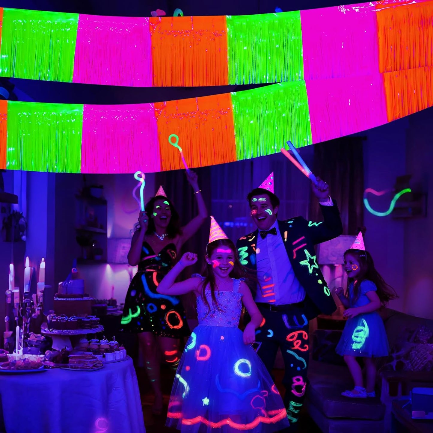 Mega-L Glow in The Dark Party Supplies, 4 Pack Foil Fringe Garland Birthday Party Decorations 9.8 ft Fluorescent Macaron Orange, Yellow and Fuchsia Metallic Tinsel Banner, Photo Booth Prop Table Skirt