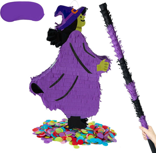 PCFING 21.6 Inch Halloween Witch Piñata with 30 Inch Piñata Stick Blindfold Confetti for Boy Girl Adults Halloween Wicked Scary Party Decorations，Candy Game，Trick Treat Party