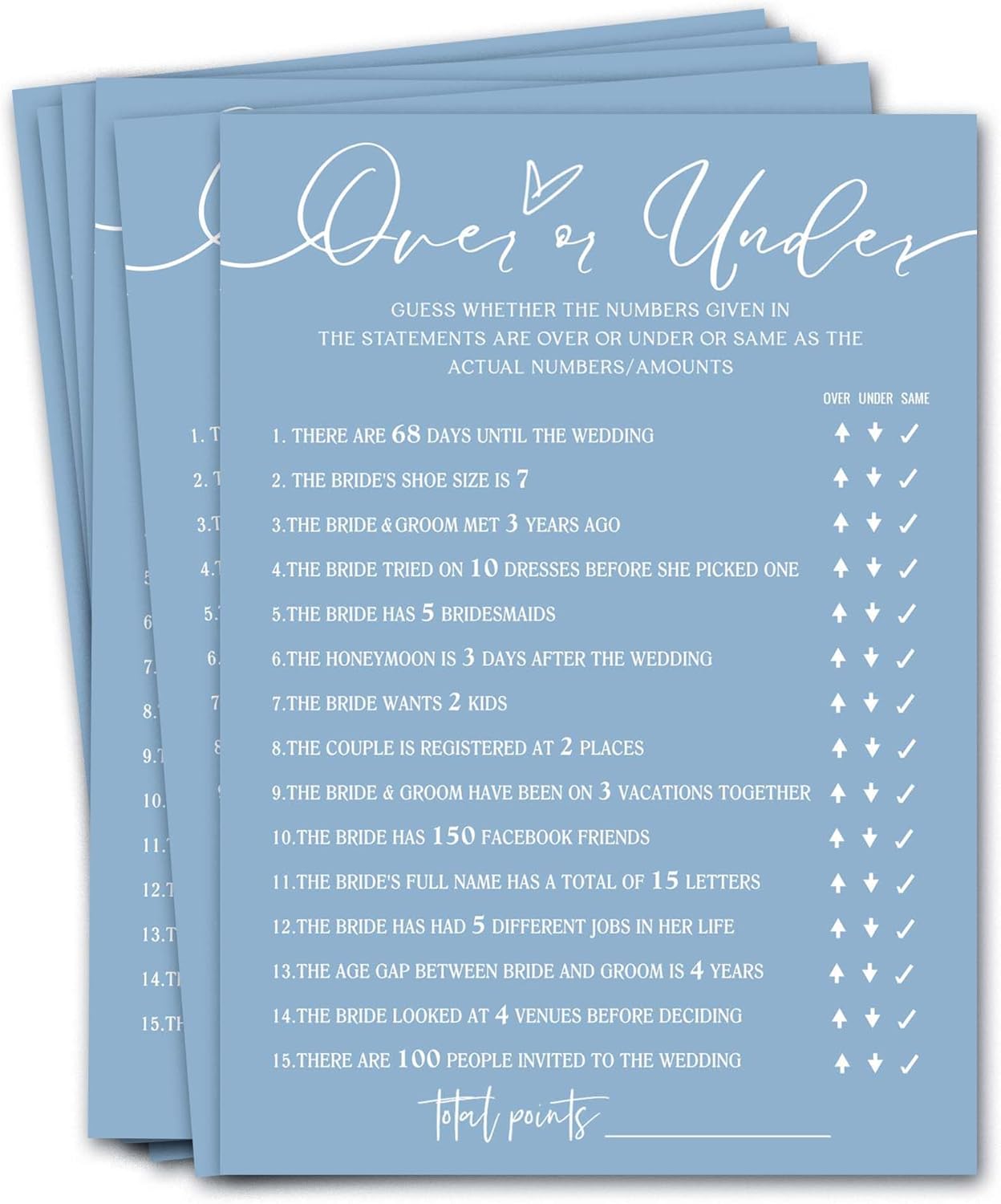 Bridal Shower Games Cards, Guess Over or Under, 25 Guest Cards, Minimalist Blue Wedding Party Supplies