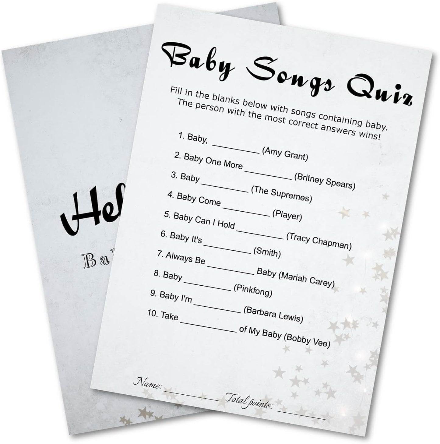 Baby Shower Songs Quiz Trivia Game Cards - 30 Player Minimalist - Party Game Kit - Light Gray, Stars, Ready to Play, Answer Keys Included, 5x7 Inch (Songs Quiz)