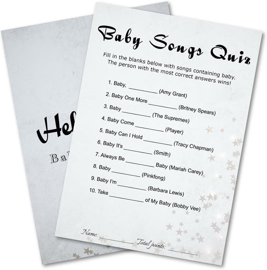 Baby Shower Songs Quiz Trivia Game Cards - 30 Player Minimalist - Party Game Kit - Light Gray, Stars, Ready to Play, Answer Keys Included, 5x7 Inch (Songs Quiz)