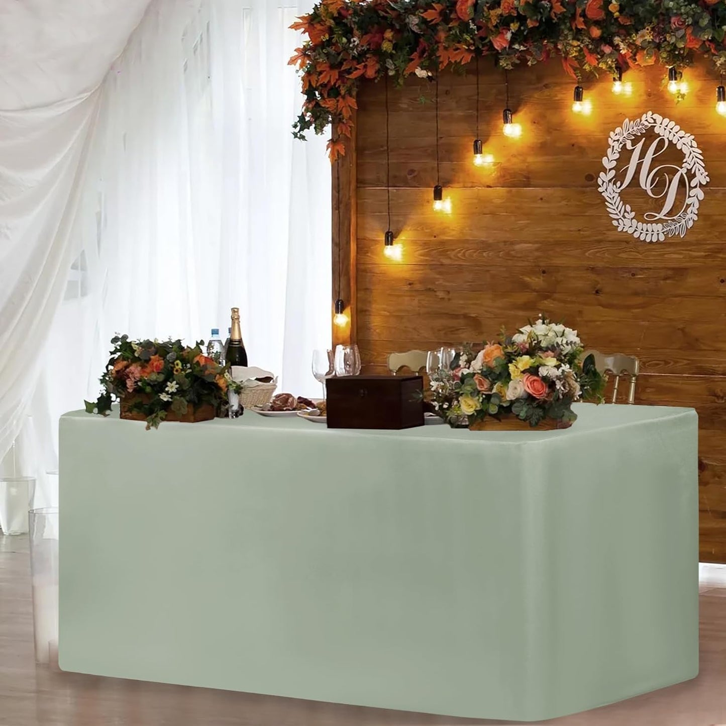HolidayIdeas Fitted Table Covers for 6 Foot Tables - 72 x 30 Inch - 2 Pack Rectangle Table Clothes Polyester Fabric Table Cover for Folding Table, Parties, Holiday Dinner, Trade Show (Sage Green)