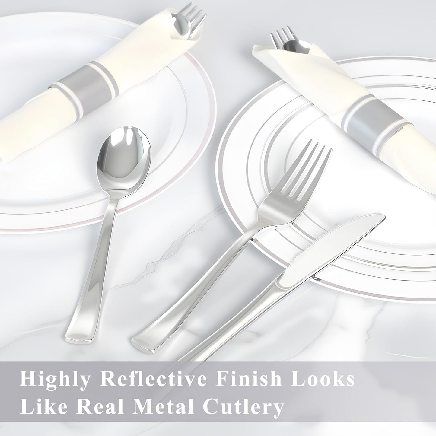 100 Pack Pre Rolled Silver Plastic Silverware Set,Wrapped Plastic Cutlery Set with Napkin Include 100 Forks,100 Spoons,100 Knives and 100 White Napkins for Party, Wedding,showers