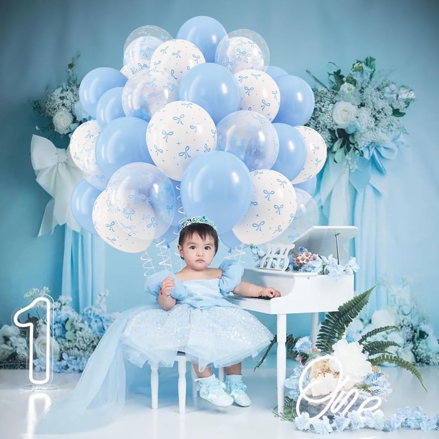Blue Bow Balloons, 12 Inch Pastel Light Blue Transparent White Bow Print Coquette Balloon for Girls Birthday Bachelorette Party Bridal Baby Shower Wedding Anniversary Decorations Supplies