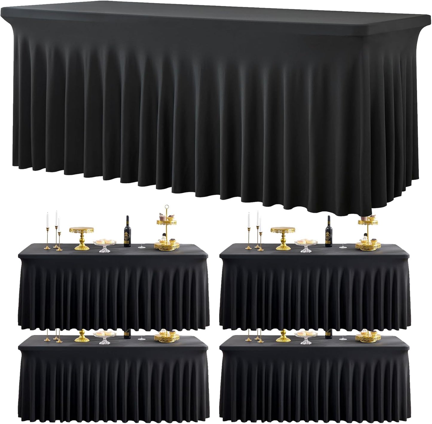 4 Pack Black Spandex Tablecloth for 5 Foot Rectangle Tables, Wrinkle Free Fitted Table Clothes Cover 5ft Stretchy Tablecloths with Skirt for Parties Weddings Birthday Banquet Baby Shower