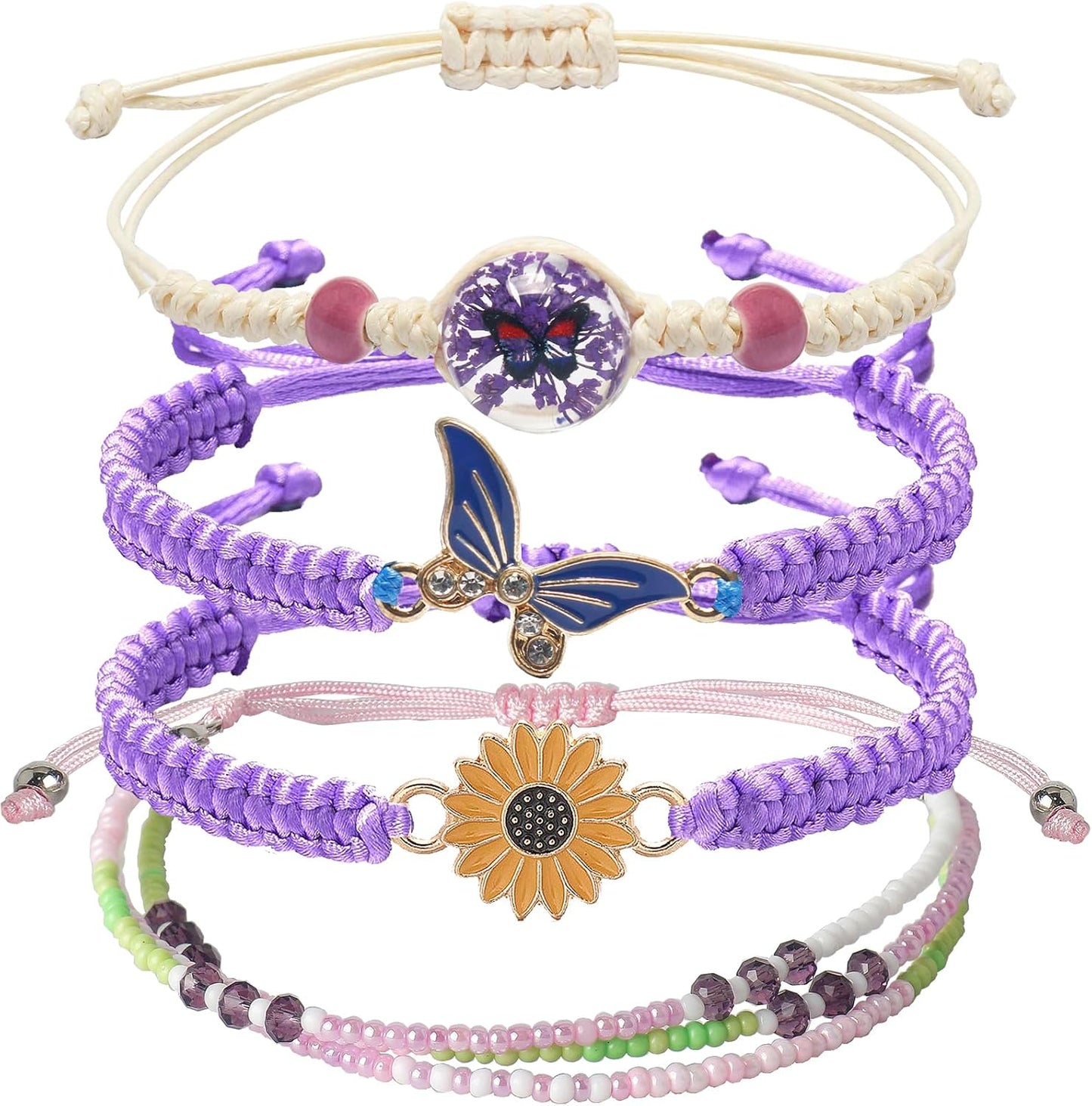 DS 4PCS String beads Charm Bracelets for Teen Girls Dainty cute cartoon Butterfly Daisy Eternal flower Beads Bracelets set for woman and girls Adjustable Stretch bracelet birthday Gift For Friends