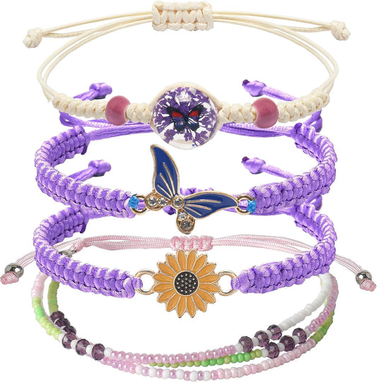 DS 4PCS String beads Charm Bracelets for Teen Girls Dainty cute cartoon Butterfly Daisy Eternal flower Beads Bracelets set for woman and girls Adjustable Stretch bracelet birthday Gift For Friends
