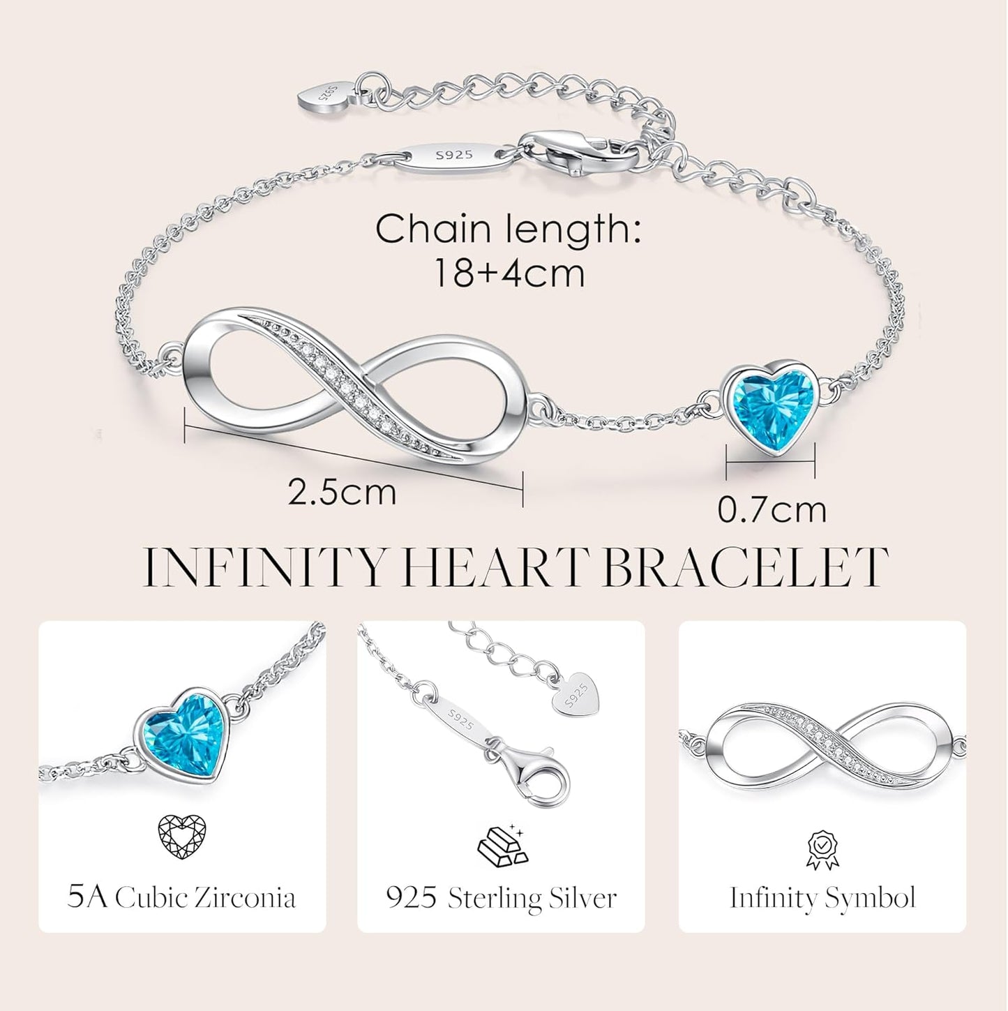 CDE Infinity Heart Birthstone Charm Link Bracelet for Women 925 Sterling Silver Adjustable Mother's Day Christmas Day Gift Anniversary Birthday Jewelry for Wife Girlfriend Her
