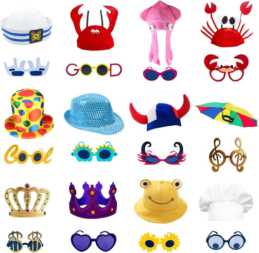 24 Funny Hats and Glasses For Photo Booth Props, 12 Assorted Crazy Party Hats, 12 Funny Party Sunglasses, Novelty Hat, Dress Up Costume Hat Accessories, Silly Hats & Novelty Glasses for Adults Teens