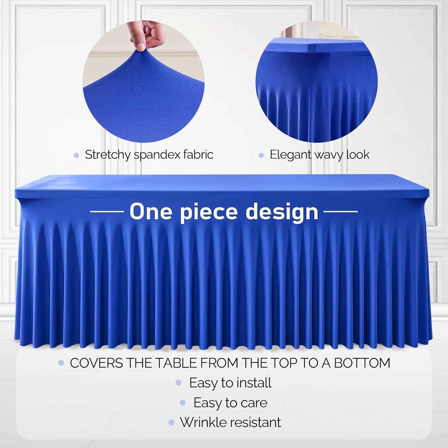 2 Packs Royal Blue Table Clothes for 8 Foot Rectangle Tables, One-Piece Wrinkle Resistant Stretch Spandex Table Covers with Skirt for Event Banquet Wedding Birthday Party
