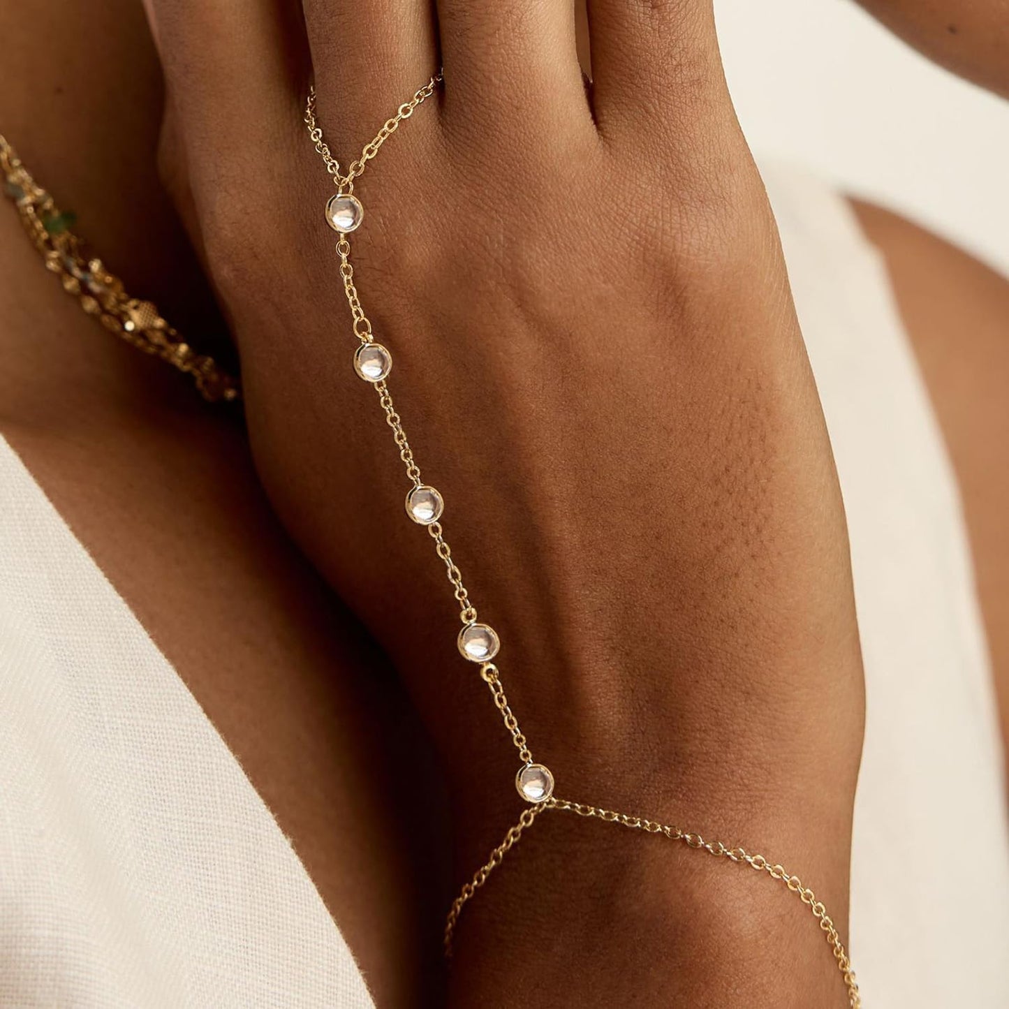 Listine Hand Chain Bracelet 14K Gold Plated Ring Bracelet Hand Chain Trendy Stuff for Women Dainty Hand Bracelets with Finger Ring Hand Jewelry for Women