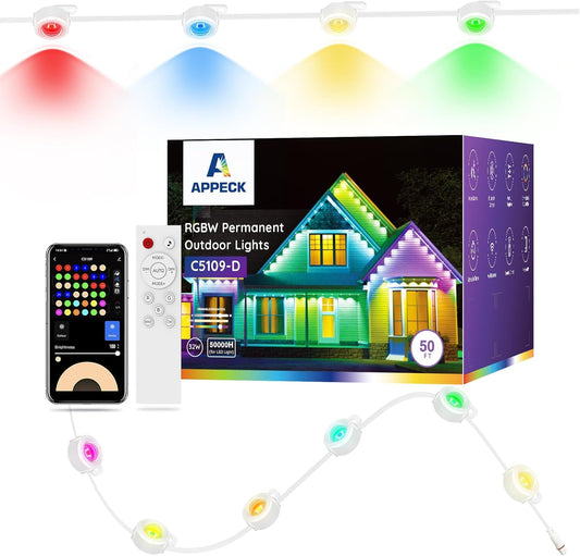 APPECK Permanent Outdoor Lights 50ft with 36 RGBW LEDs, 111 Scene Modes, Eaves Lights with 40lm Warm White, for Daily Holiday House Decor, App/Voice/Remote Control, White