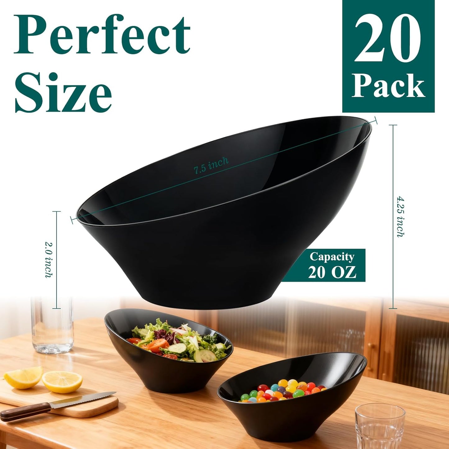 20pack Black Angled Plastic Bowls,20oz Salad Serving Bowls,Plastic Serving Bowl for Wedding, Party, Halloween, Catering