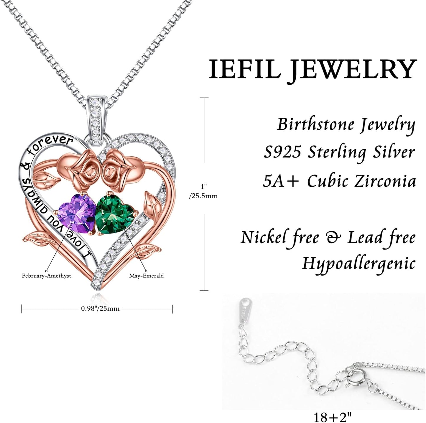 Iefil Rose Heart Double Birthstone Necklace Gifts for Wife Her Mom Women, Birthstone Jewelry Gemstone Birthday Gifts for Girlfriend Grandma Her Wife Women