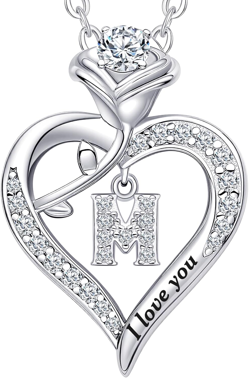 Rose Heart Pendant Necklace Gifts for Wife, Engraved 'I love you' Gift for Wife Girlfriend, Anniversary Birthday Eternity Jewelry Present for Women, Moissanite Necklace Gift for Her