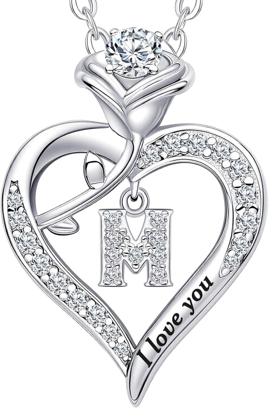 Rose Heart Pendant Necklace Gifts for Wife, Engraved 'I love you' Gift for Wife Girlfriend, Anniversary Birthday Eternity Jewelry Present for Women, Moissanite Necklace Gift for Her